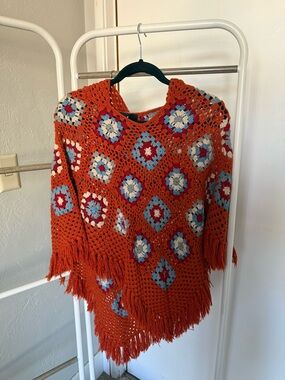 Forever 21 Rust Crochet Fringe Poncho with Multicolor Motifs